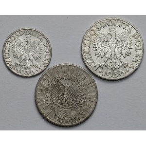 2 a 5 zlatých 1934 a 1936 Piłsudski a plachetnica - sada (3ks)