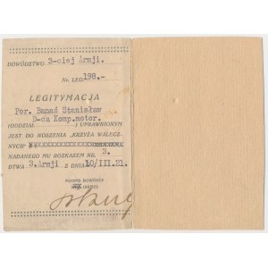 II RP, Legitymacja (połowa), Krzyż Walecznych 1920 [198] - dla por. Banaś Stanisława z Kompanii Motorowej