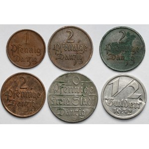 Danzig, 1-10 Fenig und 1/2 Gulden 1923-1937 - Satz (6 Stück)