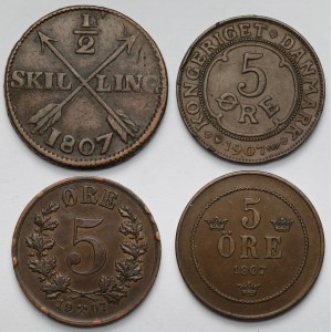 Sweden, Norway, Denmark, Bronze Coins 1807-1907 - set (4pcs)