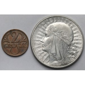 Kopf einer Frau 10 Zloty 1932 zn, Warschau und 2 Grosze 1925 - Satz (2Stück)