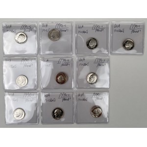 USA, PROOF 10 centů 1990-S - sada (10ks)
