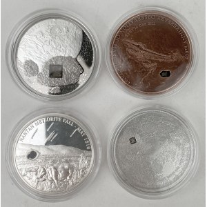 Palau and Cook Islands, SILVER $5 with METEORITE fragment (4pc)