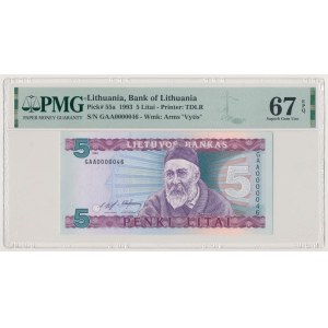 Lithuania, 5 Litai 1993 - GAA 0000046 - low two-digit number
