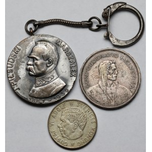 Joseph Pilsudski medal, 5 francs 1932 and Krona 1964 - set (3pcs)