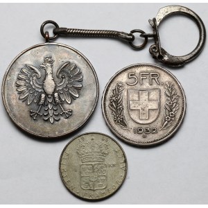Joseph Pilsudski medal, 5 francs 1932 and Krona 1964 - set (3pcs)