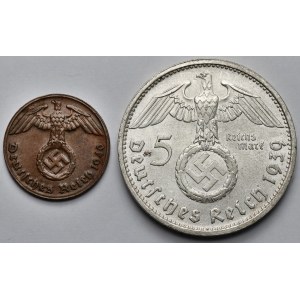 Deutschland, Fenig 1940 und 5 Mark 1939 - Satz (2 Stk.)