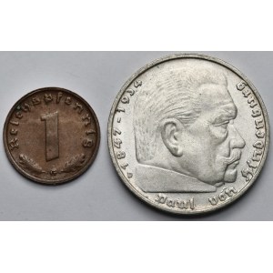 Deutschland, Fenig 1940 und 5 Mark 1939 - Satz (2 Stk.)
