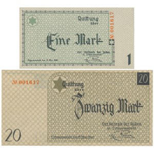 Getto w Łodzi, 1 i 20 marek 1940 - PARKA z nr 001617 - TEN SAM NUMER (2szt)