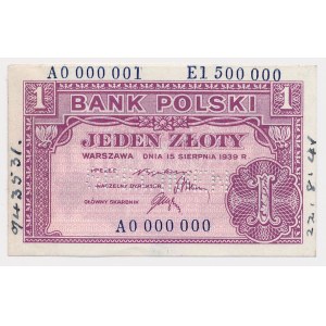 Londyn, 1 złoty 1939 Wzór nakładowy A 0000000 / A0 000 001 - E1 500 000 perforacja SPECIMEN
