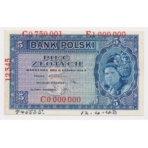 London, 5 gold 1939 Outlay pattern AC0000000 / C0 000 001 - E1 000 000 SPECIMEN perforation C 0000000 - SPECIMEN perforation