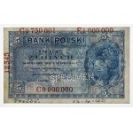 London, 5 gold 1939 Outlay pattern AC0000000 / C0 000 001 - E1 000 000 SPECIMEN perforation C 0000000 - SPECIMEN perforation
