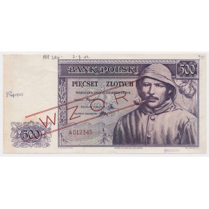 Londyn, 500 złotych 1939 - WZÓR - A 012345 - z adnotacjami akceptacyjnymi