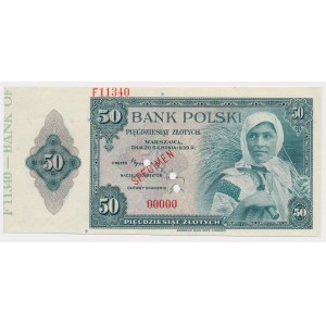 ABNCo, 50 złotych 1939 - SPECIMEN z nr zlecenia - szerszy margines z oznaczeniem arkusza