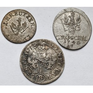 Slezsko, Fridrich II. Veliký, 2 gresle 1748 AHE a 1-3 krajcary 1753-1763-B, Vratislav - sada (2ks)