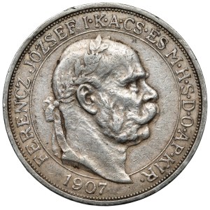 Hungary, Franz Joseph I, 5 crowns 1907 KB, Kremnica - 40 years of coronation