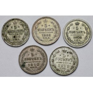Russia, Alexander III and Nicholas II, 5 kopecks 1884-1913 - set (5pcs)