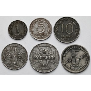 Ober-Ost., Kingdom of Poland and Ghetto Lodz, Kopiejki, Fenigi and 5 marks - set (6pcs)