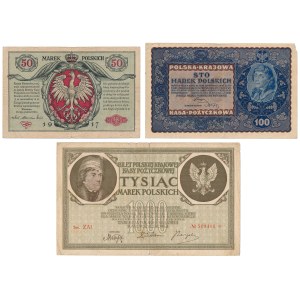 50 mkp 1916 jenerał, 100 i 1.000 mkp 1919 Maj i Sierpień - zestaw (3szt)