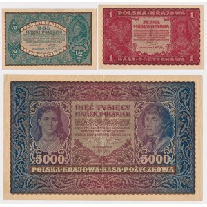 Zestaw 1/2, 1 i 5.000 mkp 1919-1920 (3szt)