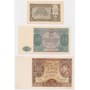 Set of 2, 20 and 100 zloty 1934-1946 (3pcs)