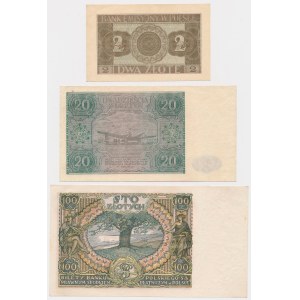 Set of 2, 20 and 100 zloty 1934-1946 (3pcs)