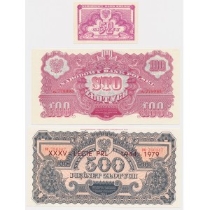 Zestaw REPRINTY emisji 1944 - 50 gr, 100 zł i 500 zł (3szt)