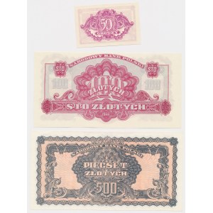 Zestaw REPRINTY emisji 1944 - 50 gr, 100 zł i 500 zł (3szt)