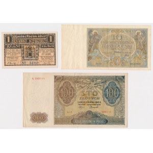 Cieszyn 1 kr 1919, 10 zlotys 1929 and 100 zlotys 1941 - set (3pcs)