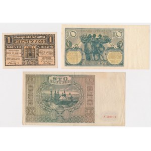 Cieszyn 1 kr 1919, 10 zlotys 1929 and 100 zlotys 1941 - set (3pcs)