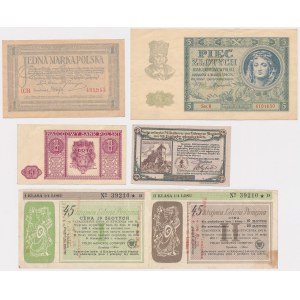 1 mkp 1919 May, 5 zloty 1940, 1 zloty 1946, Mikolow 50 pfg + Lottery (5pcs)