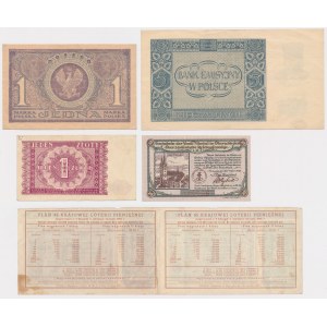1 mkp 1919 May, 5 zloty 1940, 1 zloty 1946, Mikolow 50 pfg + Lottery (5pcs)