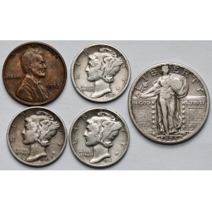 USA, centesimi, dime e 1/4 di dollaro 1919-1945 - set (5 pezzi)