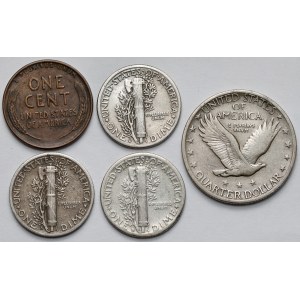 USA, centesimi, dime e 1/4 di dollaro 1919-1945 - set (5 pezzi)