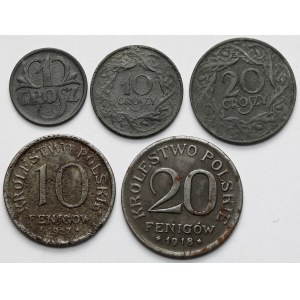 10-20 fenigów 1917-1918 i 1-20 groszy 1923-1939 - zestaw (5szt)