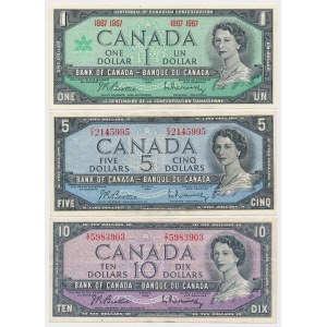 Kanada, 1, 5 i 10 Dollars 1954-1967 - zestaw (3szt)