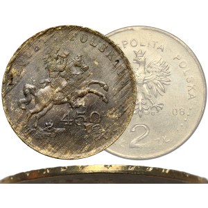 Destrukt 2 złote 2008, 450 lat Poczty Polskiej - wybite na rozwarstwionym krążku