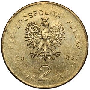 Destrukt 2 złote 2008, 450 lat Poczty Polskiej - wybite na rozwarstwionym krążku