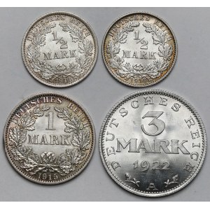 Germany, 1/2 - 3 marks 1914-1922 - beautiful - set (4pcs)