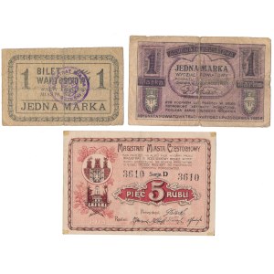 Częstochowa, Gniezno and Września, 2x 1 mkp and 5 rubles (3pc)