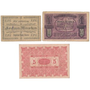 Częstochowa, Gniezno and Września, 2x 1 mkp and 5 rubles (3pc)