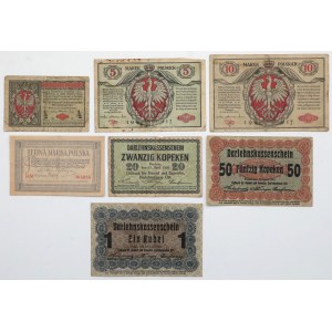 Zestaw banknotów Generał 1916, 1 mkp Maj 1919 i -Ost Poznań (7szt)