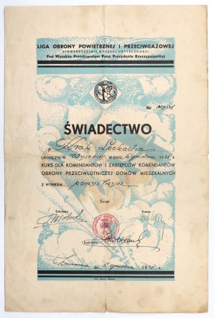 Liga Obrony Powietrznej i Przeciwgazowej, Świadectwo ukończenia kursu 1938 r.