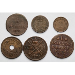 Dánsko, Norsko, Švédsko, bronzové mince 1739-1927 - sada (6ks)