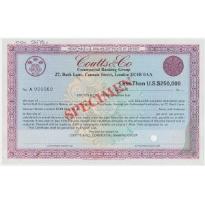 London, Coutts &amp; Co., Commercial Banking Group, SPECIMEN 250,000 Dollars