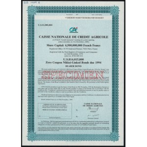 Francja, Credit Agricole, SPECIMEN Obligacji 1 mln Dollars 1989
