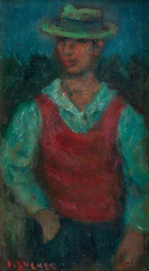 Jakub Zucker (1900 Radom - 1981 Nowy Jork), Mężczyzna w czerwonej kamizelce i kapeluszu (Autoportret?)