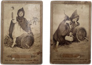 Pair of art photographs - Munich - Boy with a mug of beer [ satire 19th century ].