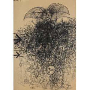 Zdzisław Beksiński, Kompozycja z sową i ludzkim tłumem, 1965