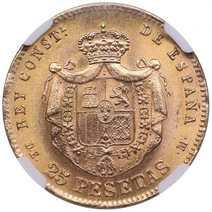Spain 25 Pesetas 1876(62) DEM Restike - Alfonso XII (1874-1885) - NGC MS 65